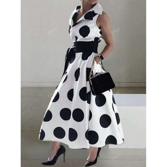 Women's Elegant V-Neck Polka Dot Contrast Color Pocket Sleeveless Casual Dress - Picture 2 of 9